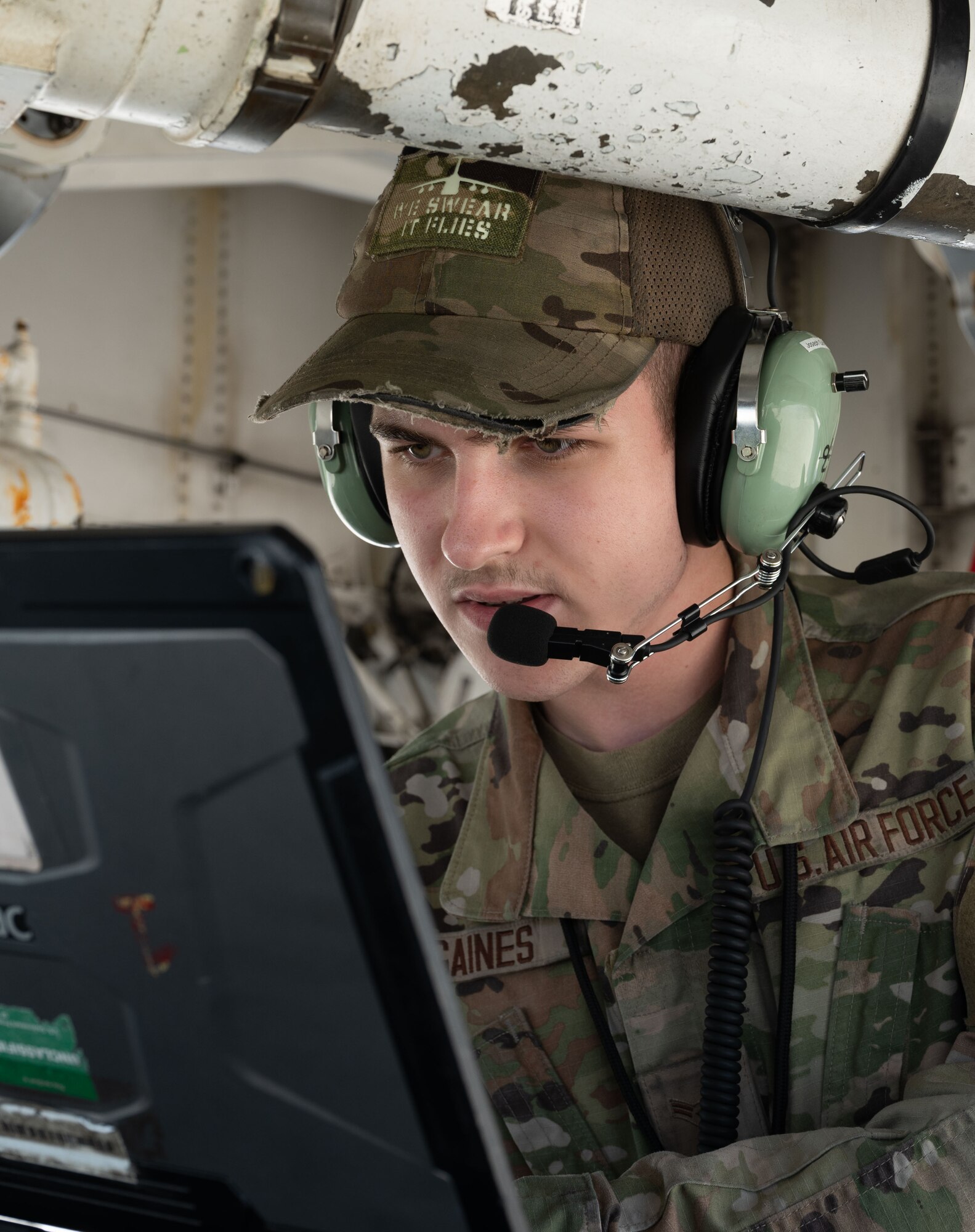 Airman 1st Class Joseph Gaines, 436th Aircraft Maintenance Squadron crew chief, prepares a C-5M Super Galaxy for a foreign military sales mission with Romania at Dover Air Force Base, Delaware, June 27, 2023. The partnership between the United States and Romania is rooted in a shared commitment to democratic values, including the rule of law, open markets, respect for and the promotion of human rights. (U.S. Air Force photo by Airman 1st Class Amanda Jett)