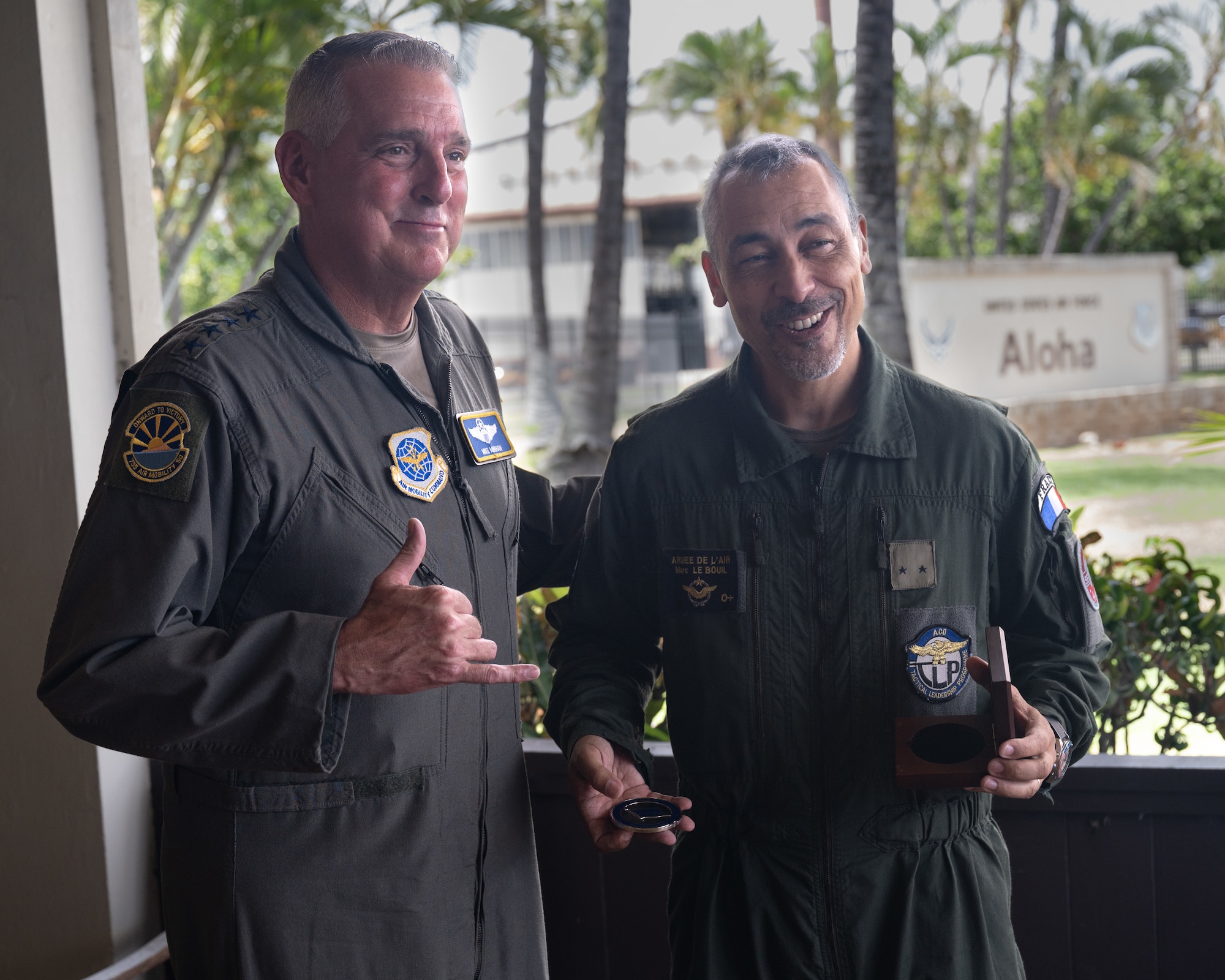 U.S. Air Force General Mike Minihan, Air Mobility Command commander, and Armee de l’Air général et de l'Espace de brigade Marc Le Bouil, chief of the Pégase Mission, met to discuss coalition interoperability in the Indo-Pacific at Joint Base Pearl Harbor-Hickam on July 10, 2023. A multinational endeavor, MG23 featured seven participating countries -- Australia,  Canada, France, Japan, New Zealand, the United Kingdom, and the United States.  (U.S. Air Force photo by Staff Sgt. Ryan Brooks)