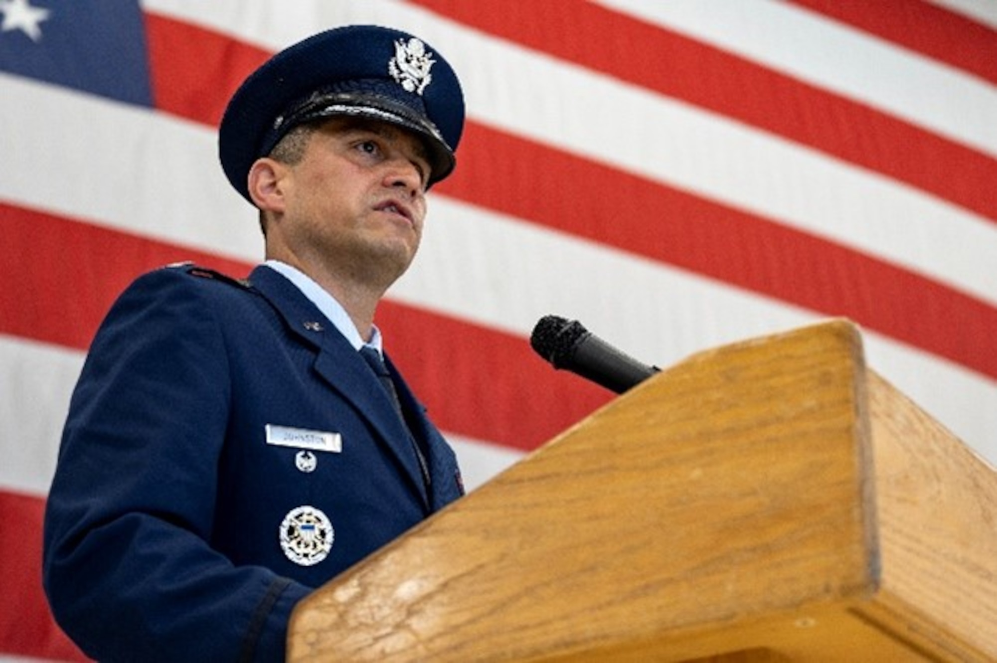 Colonel Robert Johnston, incoming 492d Special Operations Training Group commander, shares remarks during a change of command ceremony as he accepts command of the 492d SOTRG and the Air Commando Development Center-Provisional, ACDC-P, July 14, 2023, at Hurlburt Field, Florida.