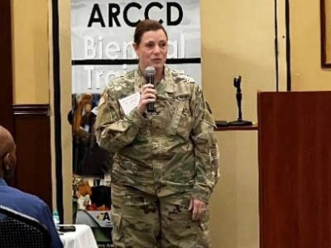 Col. Faith Junghahn gives closing remarks at the 2023 ARCCD Biennial Training at Fort Liberty, N.C., June 30, 2023.