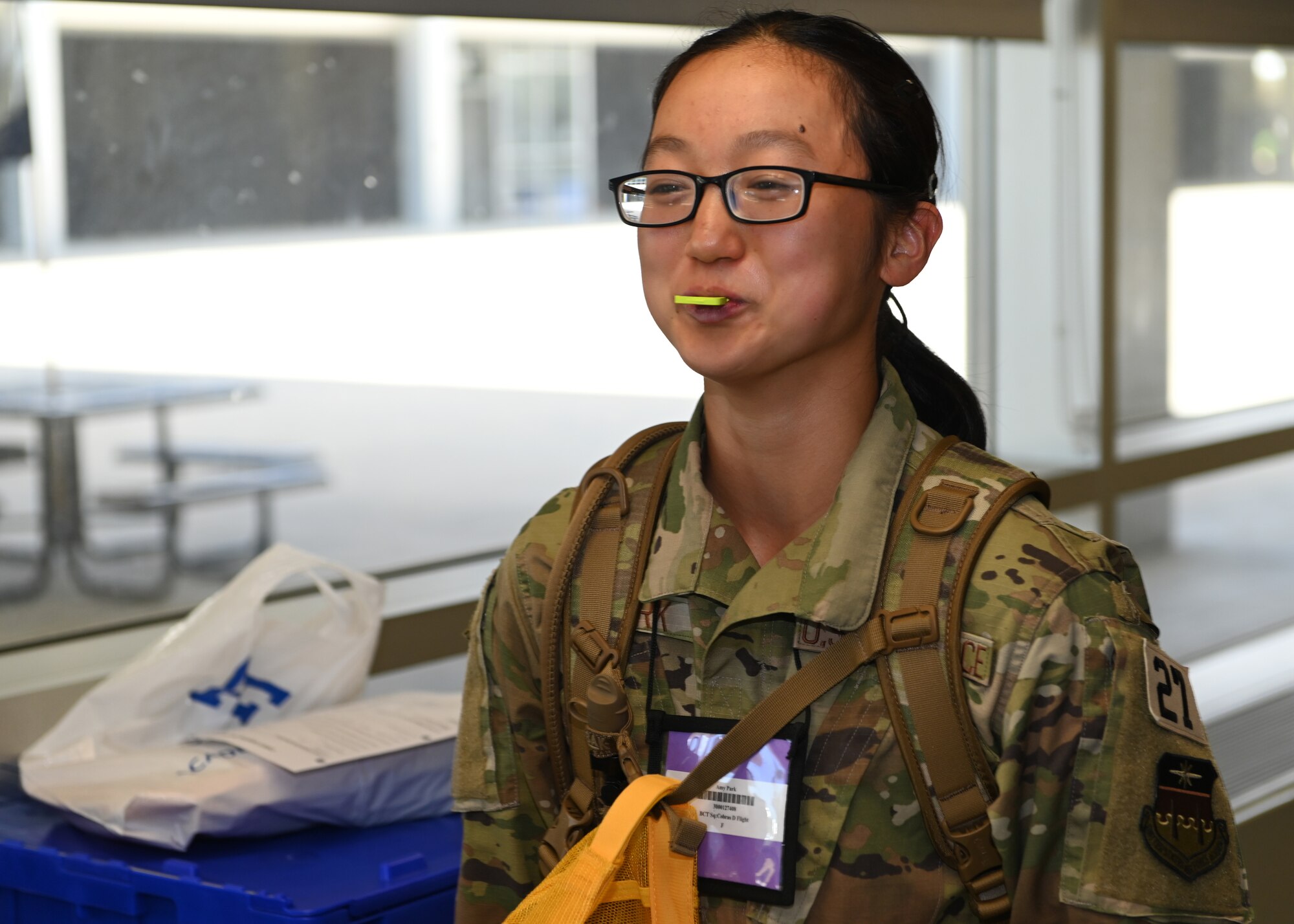 A basic cadet bites down on a mouth guard at the final station of dental in-processing at the U.S. Air Force Academy’s Cadet Dental Clinic, July 10, 2023. Dental lab technicians fitted more than 1,000 basic cadets with mouth guards prior to field training at Jacks Valley.