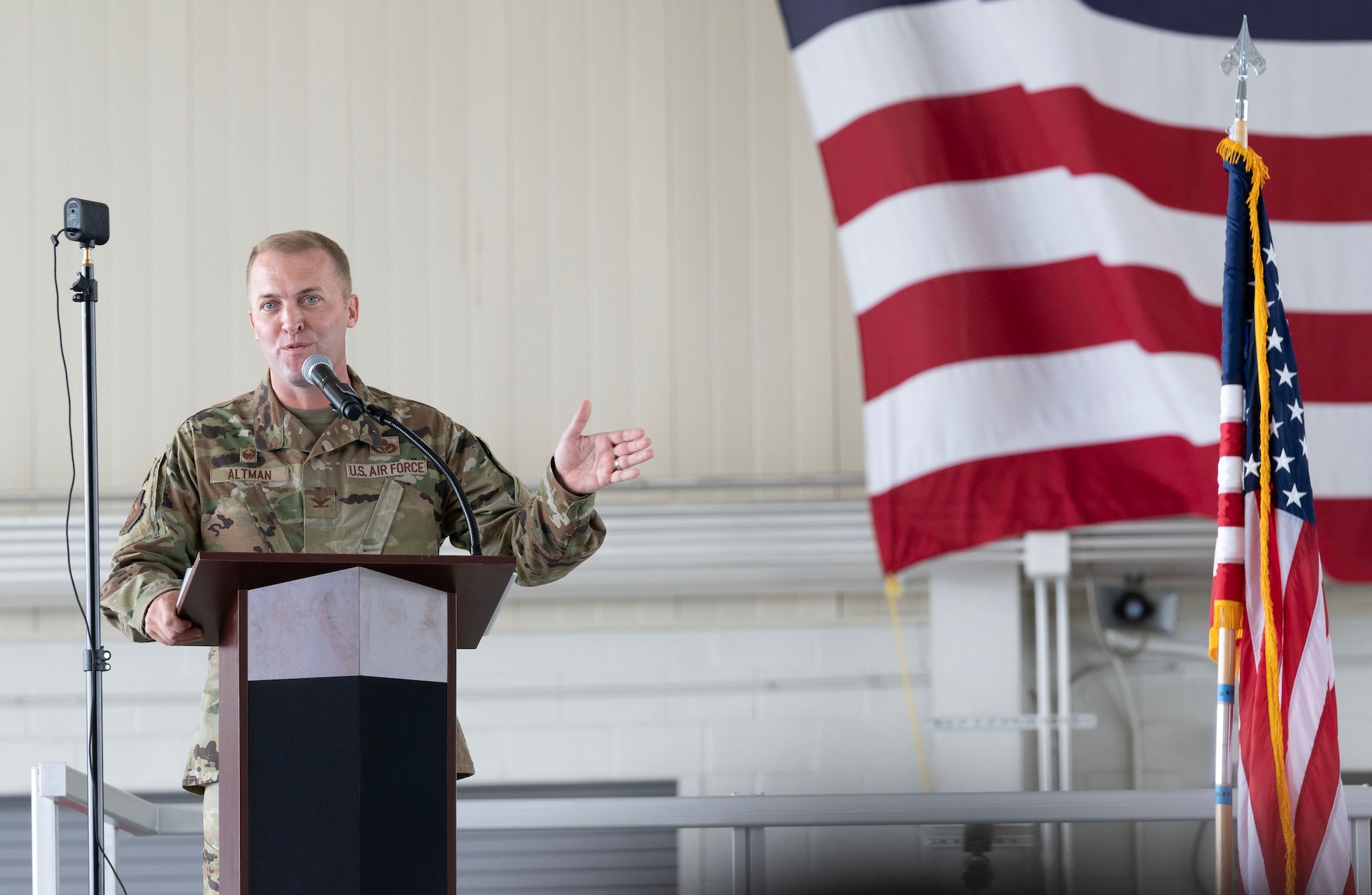 JOINT BASE LANGLEY-EUSTIS, Va.–U.S. Air Force Col. Matthew Altman, incoming 633d Air Base Wing commander provides remarks after taking command during the 633d ABW change of command ceremony at Joint Base Langley-Eustis, Virginia, July 21, 2023. Hailing from Laughlin Air Force Base, Texas, Altman brings over 21 years of command, civil engineering and staff experience, as he steps into his new position to lead the wing.(U.S. Air Force photo by Tech. Sgt. Matthew Coleman-Foster)
