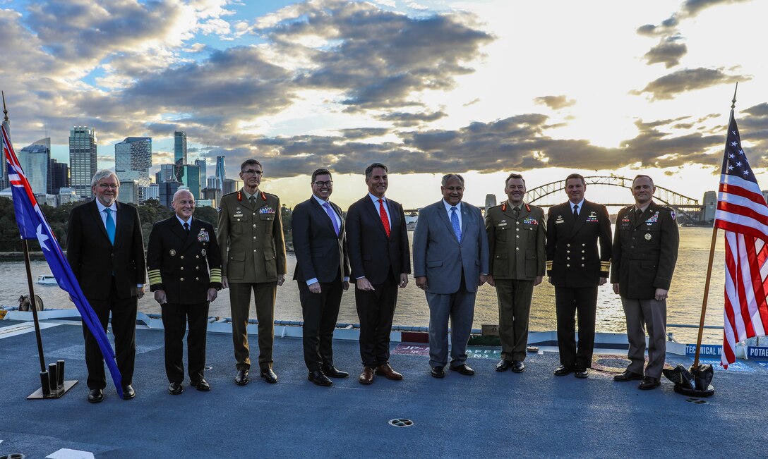 Senor leaders from the U.S. and Australia attend the opening ceremony of Talisman Sabre 2023 aboard the HMAS Canberra in Sydney Australia, July, 21, 2023. Talisman Sabre is a large-scale, bilateral military exercise between Australia and the United States, which strengthens relationships and interoperability among key allies and enhances collective capabilities to respond to a wide array of potential security concerns. This exercise will be the tenth iteration of the exercise. (US Army National Guard photo by Sgt. First Class Alexa Brumfield)