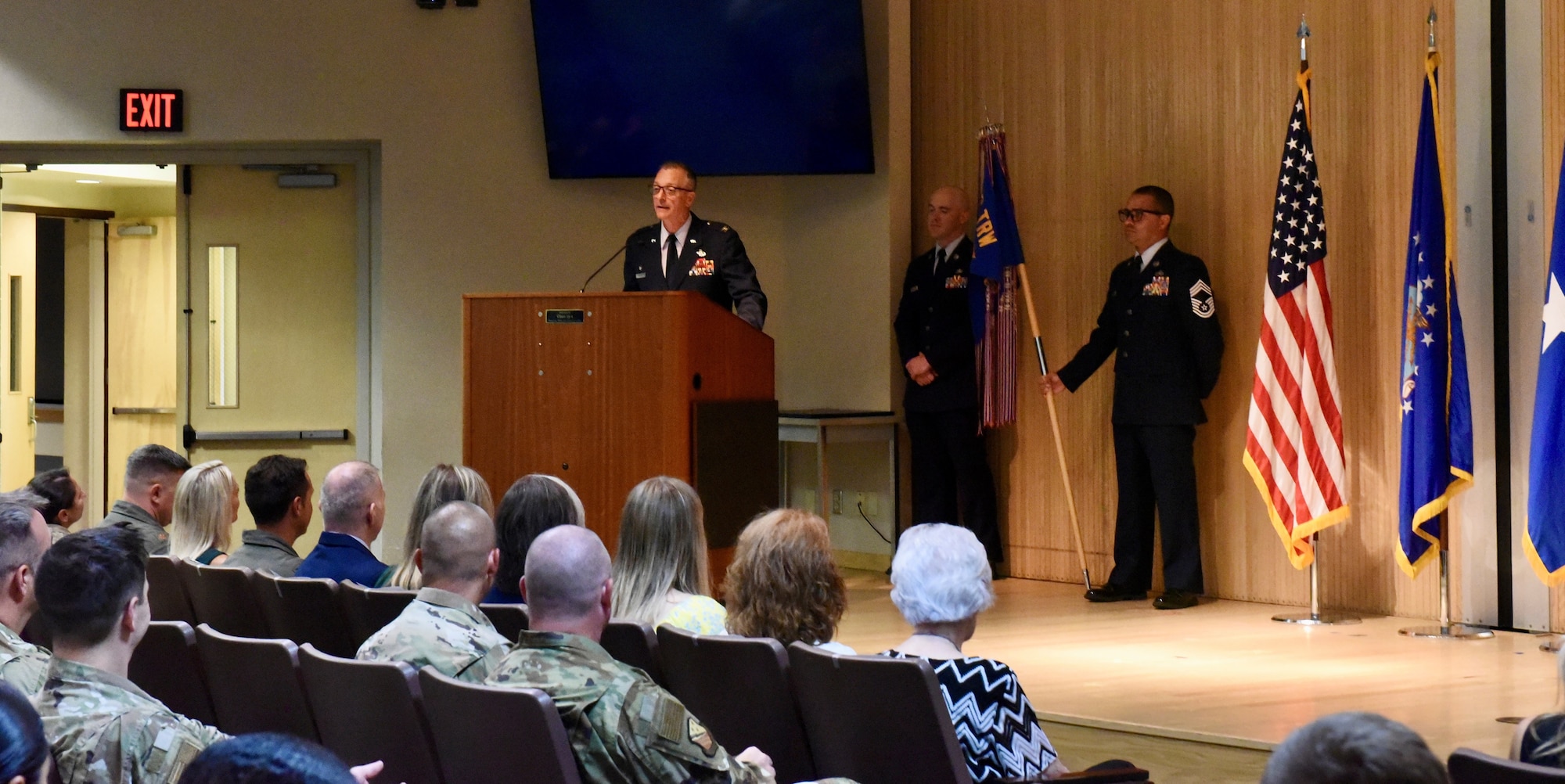 Col. Terry Koester addresses members of the 982nd Training Group, family and friends during a change of command ceremony at Sheppard Air Force Base, Texas, July 23, 2020. Koester relinquished command of the 982nd TRG, and Col. Grant Fowler assumed command. Brig. Gen. Kenyon Bell, 82nd Training Wing commander and Sheppard AFB commander, officiated the ceremony. U.S. Air Force photo by Bailee Russell