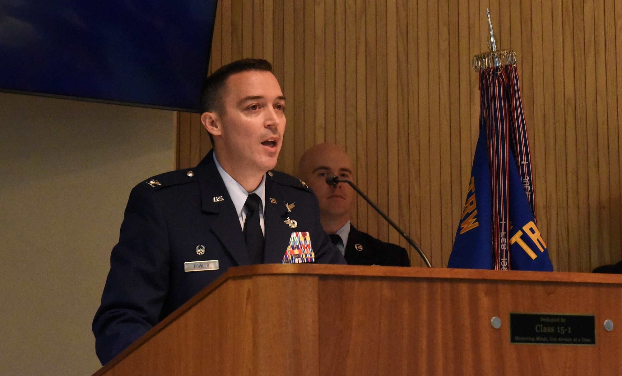 Col. Grant Fowler, 982nd Training Group commander, gives remarks after assuming command during a change of command ceremony at Sheppard Air Force Base, Texas, July 20, 2023. The 982d TRG is the United States Air Force’s largest training organization. U.S. Air Force photo by Bailee Russell