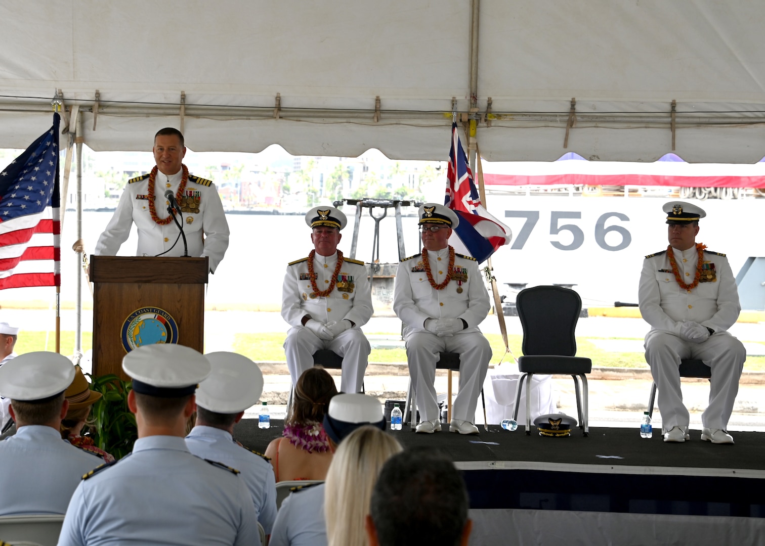 Capt. Bob Kinsey delivers remarks during the U.S. Coast Guard Cutter Kimball’s (WMSL 756) change of command ceremony on Base Honolulu, July 21, 2023. Rear Adm. Brendan C. McPherson, deputy commander of U.S. Coast Guard Pacific Area, presided over the ceremony in which Kinsey relieved Capt. Tom D’Arcy as Kimball’s commanding officer. U.S. Coast Guard photo by Chief Petty Officer Matthew Masaschi.