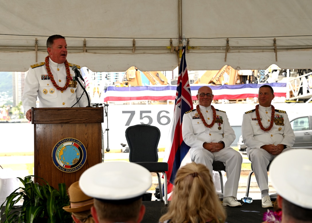 Rear Adm. Brendan C. McPherson, deputy commander of U.S. Coast Guard Pacific Area, delivers remarks during the U.S. Coast Guard Cutter Kimball’s (WMSL 756) change of command ceremony on Base Honolulu, July 21, 2023. McPherson presided over the ceremony in which Capt. Bob Kinsey relieved Capt. Tom D’Arcy as Kimball’s commanding officer. U.S. Coast Guard photo by Chief Petty Officer Matthew Masaschi.