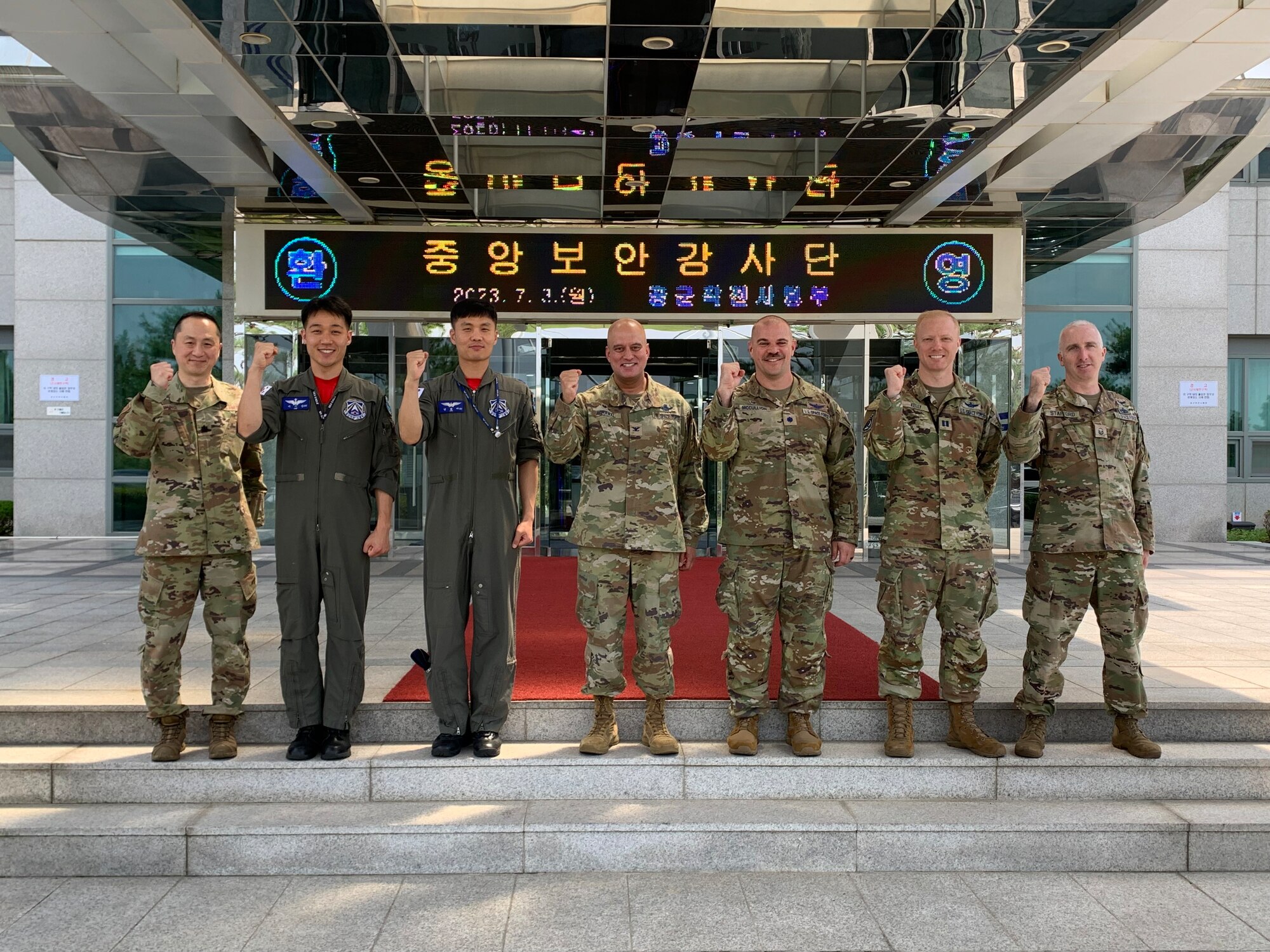 U.S. Space Force Col. Raj Agrawal, commander, Space Delta 2 – Space Domain Awareness, center, stands with members from the Republic of Korea Air Force and U.S. Space Forces Korea ahead of the ROKAF’s third annual Open Space Forum in Seoul, Korea, July 4, 2023. The visit came as an invitation from ROKAF’s senior leaders to speak on critical SDA intelligence and coincided with the 70th anniversary of the U.S-ROK Alliance, symbolizing the U.S. and the ROK’s enduring commitment to mutual defense. (U.S. Space Force photo by 1st Lt. Aaron Brooks)