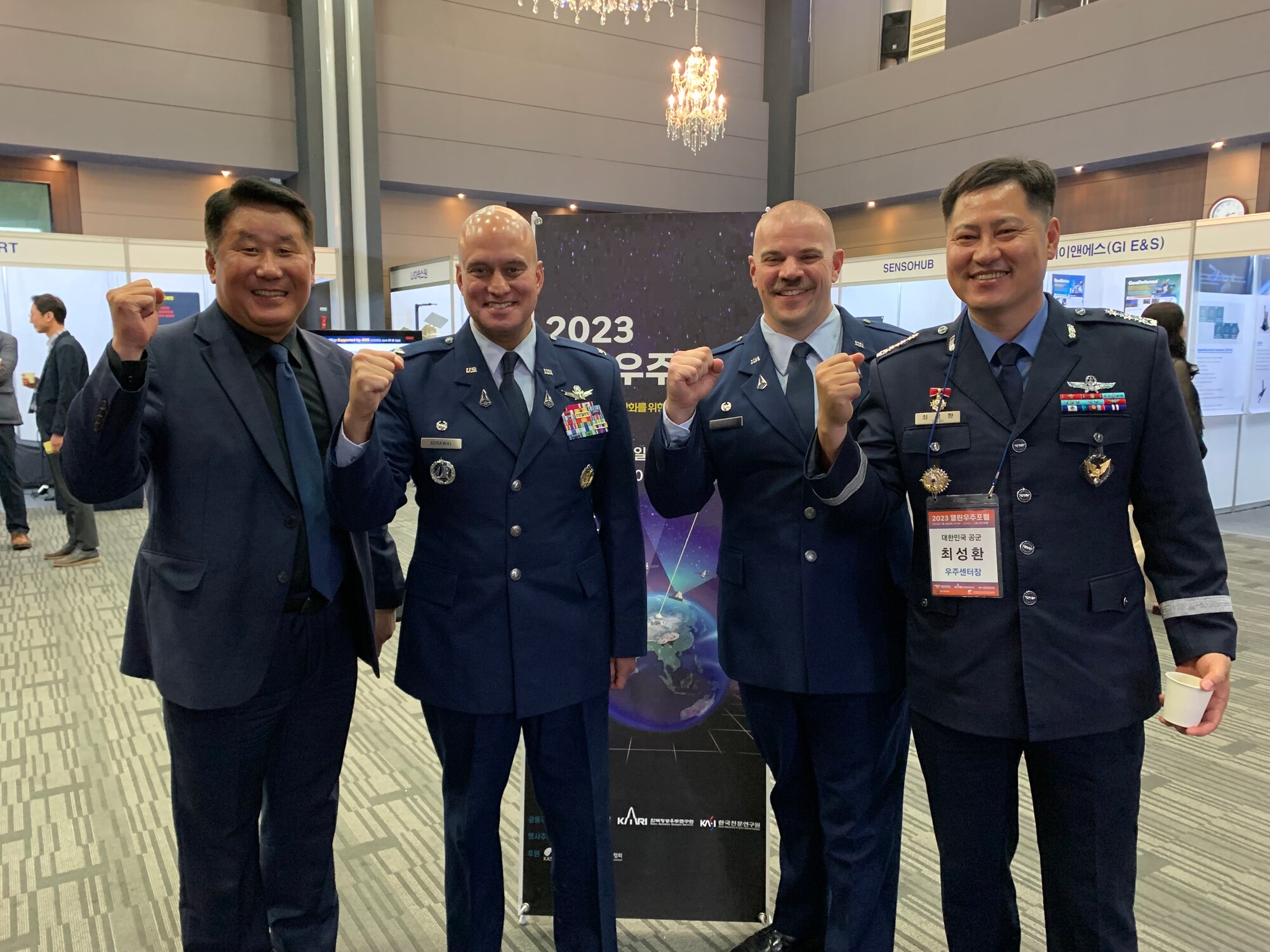 U.S. Space Force Col. Raj Agrawal, commander, Space Delta 2 – Space Domain Awareness, center, stands with members from the Republic of Korea Air Force and U.S. Space Forces Korea ahead of the ROKAF’s third annual Open Space Forum in Seoul, Korea, July 4, 2023. The visit came as an invitation from ROKAF’s senior leaders to speak on critical SDA intelligence and coincided with the 70th anniversary of the U.S-ROK Alliance, symbolizing the U.S. and the ROK’s enduring commitment to mutual defense. (U.S. Space Force photo by 1st Lt. Aaron Brooks)