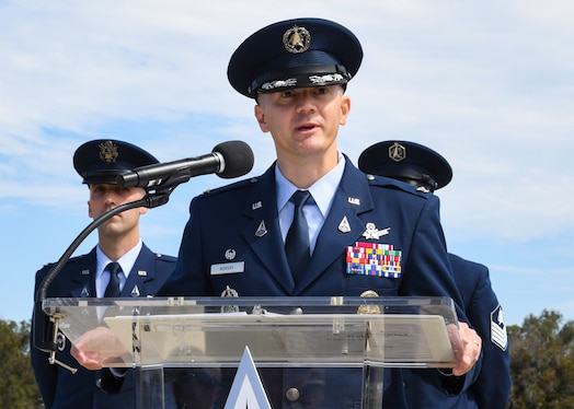  U.S. Space Force Col. Peter Norsky, incoming Delta 1 commander, delivers remarks during the Delta 1 change of command ceremony at Vandenberg Space Force Base, Calif., July 17, 2023. Space Force Col. Jason N. Schramm relinquished command to U.S. Space Force Col. Peter Norsky. U.S. Air Force Maj. Gen. Shawn N. Bratton, Space Training and Readiness Command commander, presided over the ceremony. (U.S. Space Force photo by Senior Airman Rocio Romo)