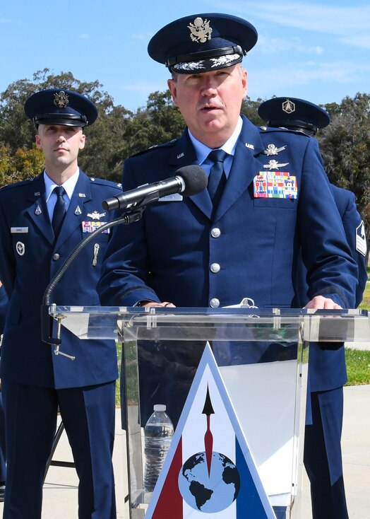  U.S. Air Force Maj. Gen. Shawn N. Bratton, Space Training and Readiness Command commander, delivers remarks during the Delta 1 change of command ceremony at Vandenberg Space Force Base, Calif., July 17, 2023. Bratton acknowledged the hard work and dedication of U.S. Space Force Col. Jason N. Schramm, outgoing Delta 1 commander, and welcomed U.S. Space Force Col. Peter Norsky, who took command of Delta 1. (U.S. Space Force photo by Senior Airman Rocio Romo)