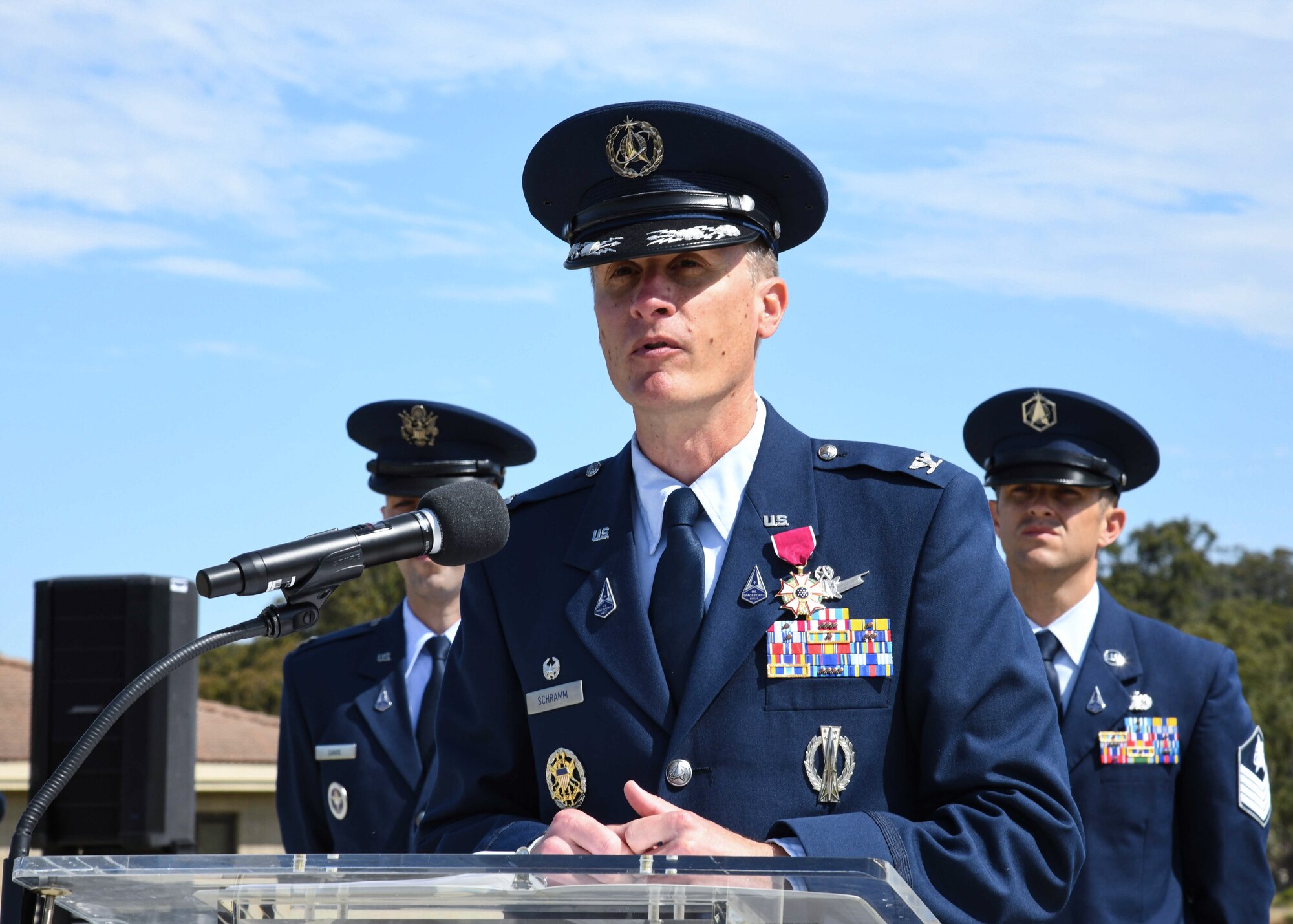 U.S. Space Force Col. Jason N. Schramm, outgoing Delta 1 commander, gives a speech during the Delta 1 change of command ceremony at Vandenberg Space Force Base, Calif., July 17, 2023. Schramm relinquished command to Space Force Col. Peter Norsky. U.S. Air Force Maj. Gen. Shawn N. Bratton, Space Training and Readiness Command commander, presided over the ceremony. (U.S. Space Force photo by Senior Airman Rocio Romo)
