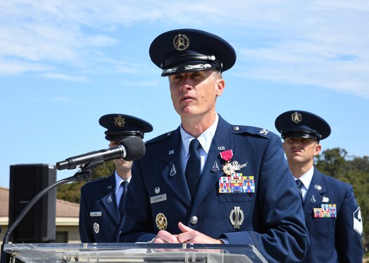  U.S. Space Force Col. Jason N. Schramm, outgoing Delta 1 commander, gives a speech during the Delta 1 change of command ceremony at Vandenberg Space Force Base, Calif., July 17, 2023. Schramm relinquished command to Space Force Col. Peter Norsky. U.S. Air Force Maj. Gen. Shawn N. Bratton, Space Training and Readiness Command commander, presided over the ceremony. (U.S. Space Force photo by Senior Airman Rocio Romo)