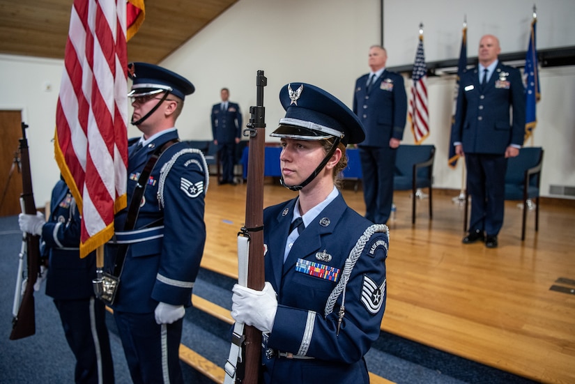 Honor Guard members from the 123rd Airlift Wing present the colors during a retirement ceremony for Col. David Flynn, director of air operations for Joint Force Headquarters—Kentucky, at the Kentucky Air National Guard Base in Louisville, Ky., May 20, 2023. Flynn is retiring after 28 years of military service. (U.S. Air National Guard photo by Tech. Sgt. Joshua Horton)