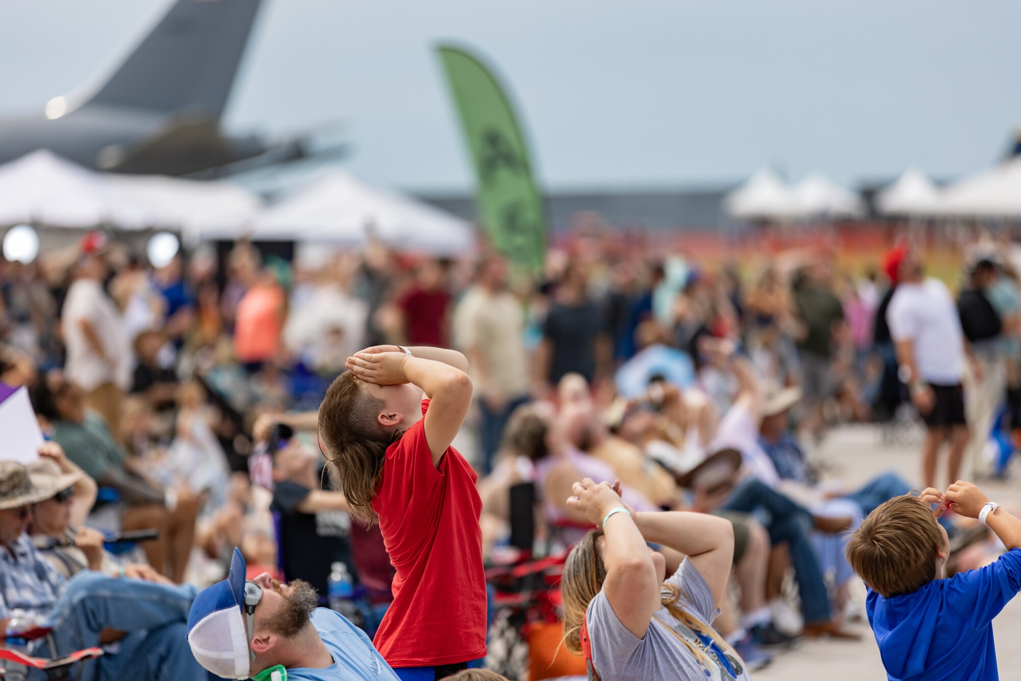 crowds look up to sky for air show