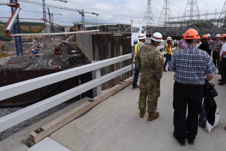 The Inland Waterways Users Board receives a presentation July 19, 2023, about dam safety and stability at the Kentucky Lock Addition Project on the Tennessee River in Grand Rivers, Kentucky. The U.S. Army Corps of Engineers Nashville District is constructing a larger lock at the Tennessee Valley Authority dam. (USACE Photo by Lee Roberts)