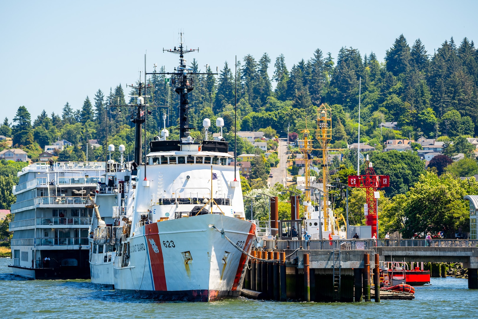 The crew of USCGC Steadfast return to the cutter’s homeport in Astoria, Oregon, following a patrol July 21, 2023. Steadfast is a 210-foot reliance class cutter. (U.S. Coast Guard photo by Petty Officer 1st Class Travis Magee)