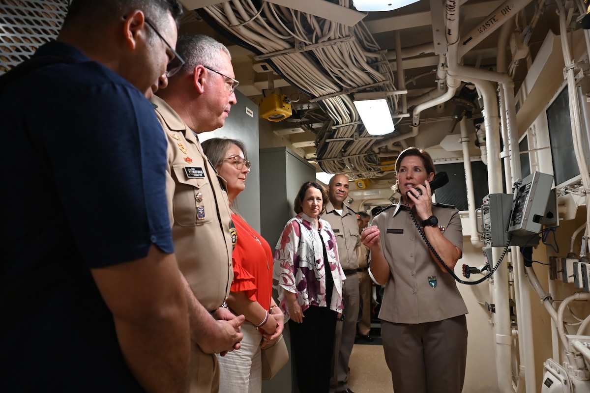 Gen. Laura Richardson, Commander U.S. Southern Command, speaks to the crew aboard the San Antonio-class amphibious transport dock USS New York (LPD 21) during UNITAS LXIV, July 21, 2023.