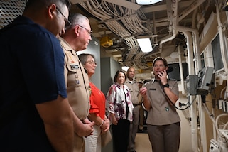 Gen. Laura Richardson, Commander U.S. Southern Command, speaks to the crew aboard the San Antonio-class amphibious transport dock USS New York (LPD 21) during UNITAS LXIV, July 21, 2023.