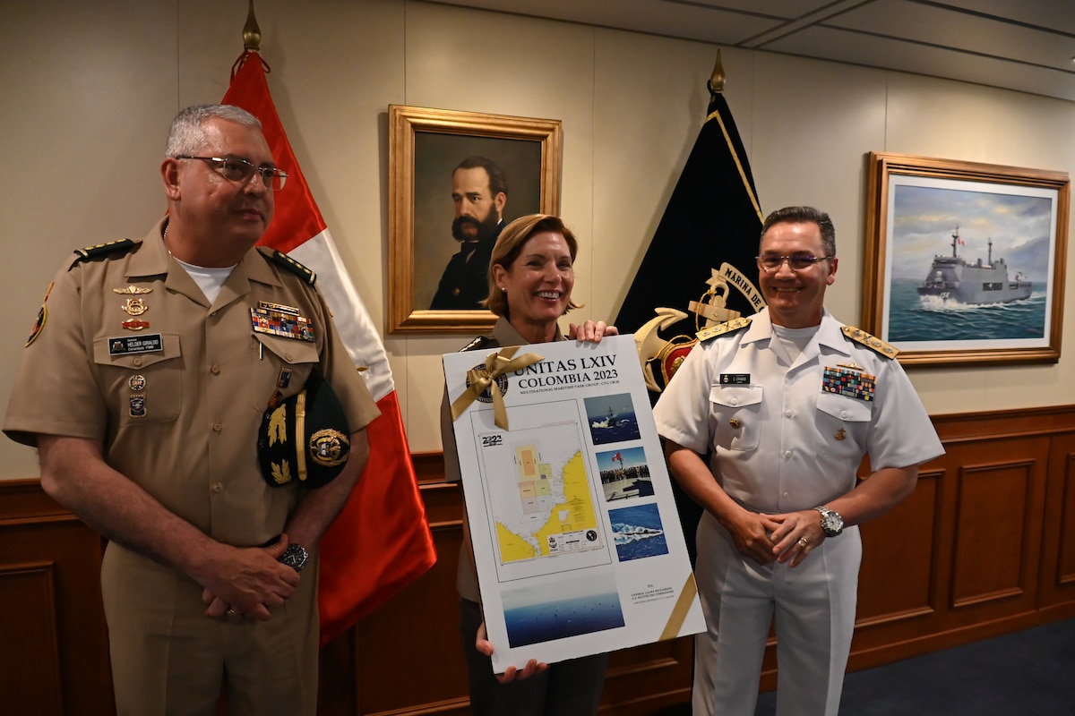 Gen. Laura Richardson, Commander, U.S. Southern Command, receives a gift during UNITAS LXIV, July 21, 2023. UNITAS is the world’s longest-running maritime exercise.