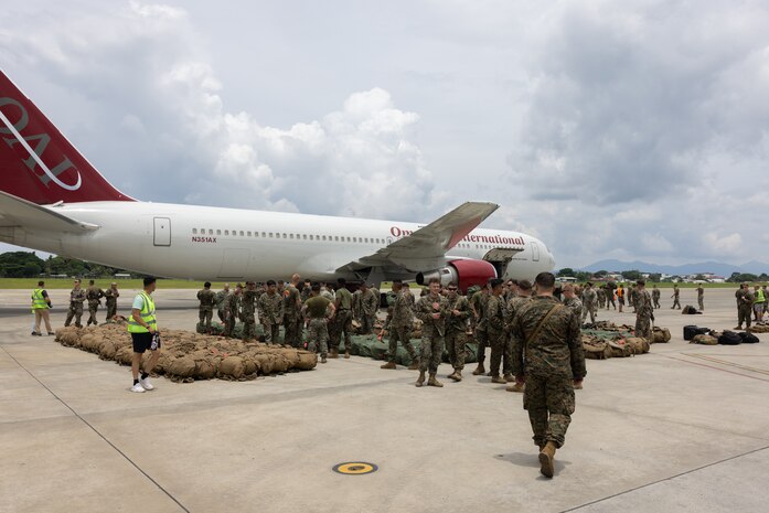 U.S. Marines with 2nd Battalion, 5th Marine Regiment, 1st Marine Division, unload gear to begin Marine Aviation Support Activity 23 at Puerto Princesa International Airport, Palawan, Philippines, July 12, 2023. MASA 23 is a bilateral exercise between the Armed Forces of the Philippines and the U.S. Marine Corps, aimed at enhancing interoperability and coordination in support of U.S.-Philippine mutual defense.