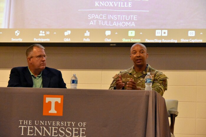 Col. Randel Gordon, Arnold Engineering Development Complex commander, right, and Dr. John Schmisseur, University of Tennessee Space Institute executive director, discuss the state of the aerospace and defense industries and workforce needs during a July 13, 2023, event at UTSI hosted by the Tennessee Section of the American Institute of Aeronautics and Astronautics. (U.S. Air Force photo by Bradley Hicks)