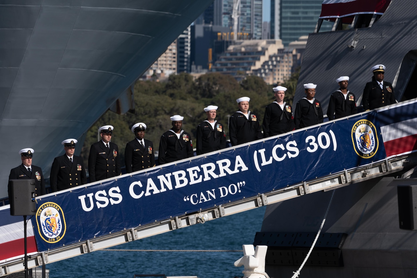 The crew of the Navy's newest Independence-variant littoral combat ship USS Canberra (LCS 30) brings the ship to life with sailors from the HMAS Canberra during the U.S. ship’s commissioning ceremony in Sydney, Australia July 22, 2023. Canberra is the second U.S. Navy ship named for Australia’s capital.