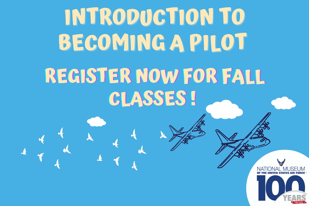 This free two-week course consists of Ground School and training at a flight simulator. Students, ages 14-18, must be able to attend all 6 classes over the two-week period. Registration is required.
Blue background with outlines planes in the sky with birds and the museum's 100th logo.