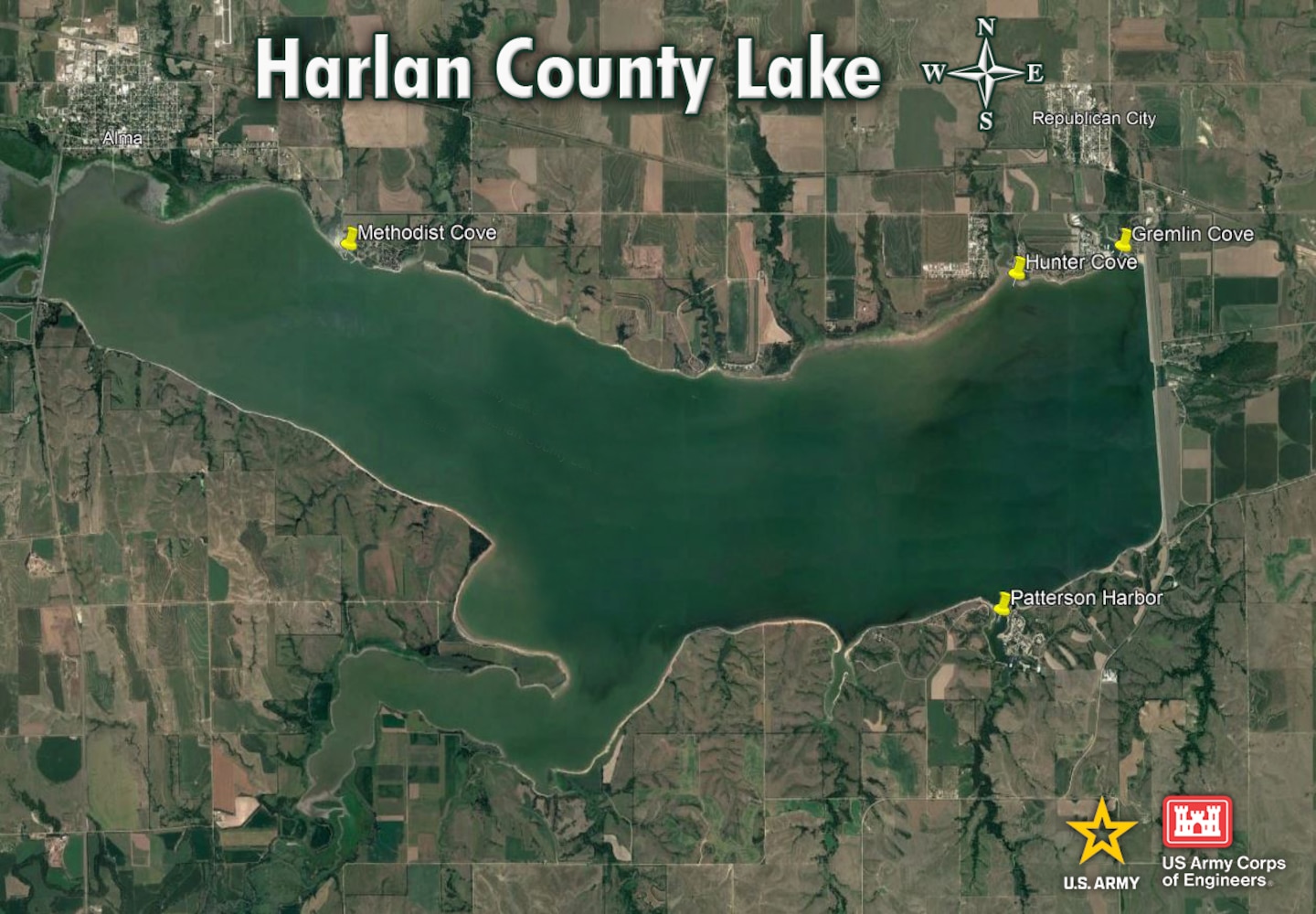 A view of Harlan County Lake from above with boat access called out as of July 24, 2023.