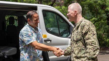 Mr. Luke Meyers, representative for the Governor’s Water committee, is greeted by Joint Task Force-Red Hill Commander, U.S. Navy Vice Adm. John Wade, during a tour of the Red Hill Bulk Fuel Storage Facility in Halawa, Hawaii, Apr. 12, 2023. The visit provided the Hawaii House Special Committee on Red Hill (HSCRH) and Mr. Luke Meyers of the Governor’s Water Committee an opportunity to meet with key leaders on the status of Red Hill including defueling, closure and remediation. The HSCRH is a seven-member committee whose purpose is to address issues related to Red Hill, water contamination and remediation, and all related impacts. The governor’s committee monitors the progress on the Red Hill timeline and provides the people of Hawaii with regular updates and status reports. (DoD photo by U.S. Marine Corps Sgt. Luke Cohen)