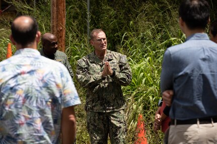 Naval Facilities Engineering Systems Command Pacific Commander, U.S. Navy Rear Adm. Jeffrey Kilian, briefs members of the Hawaii House Special Committee on Red Hill (HSCRH) during a tour of the Red Hill Bulk Fuel Storage Facility in Halawa, Hawaii, Apr. 12, 2023. The visit provided the HSCRH and Mr. Luke Meyers of the Governor’s Water Committee an opportunity to meet with key leaders on the status of Red Hill including defueling, closure and remediation. The HSCRH is a seven-member committee whose purpose is to address issues related to Red Hill, water contamination and remediation, and all related impacts. The governor’s committee monitors the progress on the Red Hill timeline and provides the people of Hawaii with regular updates and status reports. (DoD Photo by U.S. Army Spc. Matthew Mackintosh)