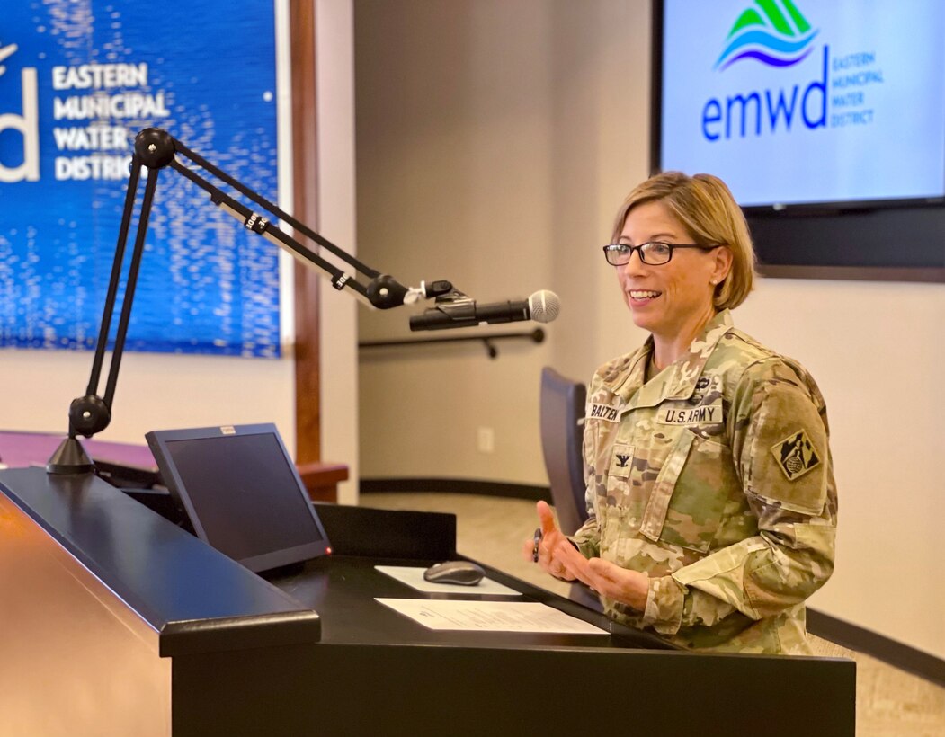 U.S. Army Corps of Engineers Los Angeles District commander Col. Julie Balten, speaks during a meeting between a team from the LA District and officials with the Eastern Municipal Water District to reaffirm the districts' partnership and formally recognize the next phase of project implementation for the South Perris Desalination Program during a July 7 visit to the EMWD facility in Perris, California.