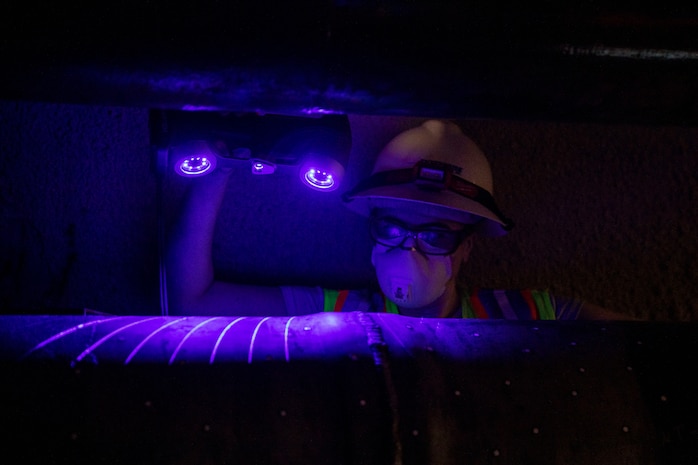 A contracted mechanical and integrity engineer working for Naval Facilities Engineering Systems Command Fleet Logistics Center Pearl Harbor, conducts a three-dimensional scan on to confirm structural integrity of fuel pipes at the Red Hill Bulk Fuel Storage Facility (RHBFSF) in Halawa, Hawaii, Dec. 20, 2022. Joint Task Force-Red Hill was established by the Department of Defense to ensure the safe and expeditious defueling of the RHBFSF. (U.S. Army photo by Spc. Matthew Mackintosh)