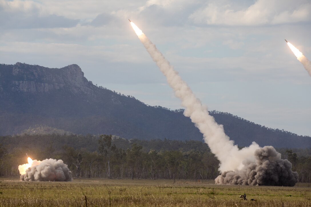U.S. Army Soldiers with the 17th Field Artillery Brigade fire three M142 HIMARS during a combined joint live-fire demonstration at Shoalwater Bay Training Area, in Queensland, Australia, July 22, 2023. This demonstration launched Talisman Sabre, the largest bilateral military exercise between Australia and the United States advancing a free and open Indo-Pacific by strengthening relationships and interoperability among key Allies and enhancing our collective capabilities to respond to a wide array of potential security concerns. (U.S. Army photo by Staff Sgt. Ryan Wilhoit)
