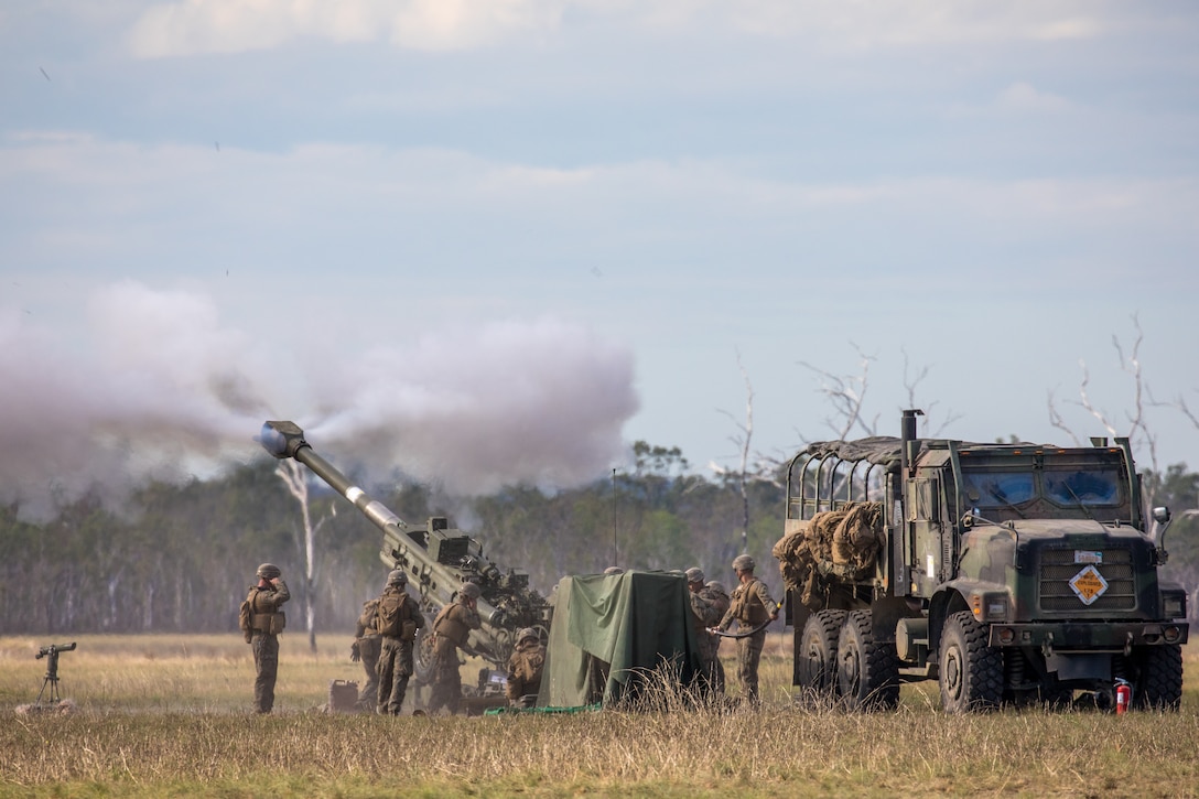 U.S. Marines with 31st Marine Expeditionary Unit fire an M-777A2 Towed Howitzer during a combined joint live-fire demonstration at Shoalwater Bay Training Area, in Queensland, Australia, July 22, 2023.
