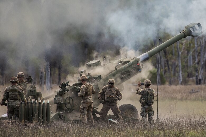 U.S. Army Soldiers with the 2nd Battalion, 11th Field Artillery Regiment, 25th Infantry Division fire a M-777A2 Towed Howitzer during a combined joint live-fire demonstration at Shoalwater Bay Training Area, in Queensland, Australia, July 22, 2023.