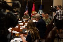 NORFOLK, Va. -- Adm. Daryl Caudle, commander, U.S. Fleet Forces Command, and Lt. Gen. Brian Cavanaugh, commander, Marine Forces Command announce the upcoming Large Scale Exercise (LSE) 2023 during a media event held at U.S. Fleet Forces Command, July 24. Scheduled to run from Aug. 9-18, LSE 2023 is a live, virtual, and constructive, globally-integrated exercise designed to refine the synchronization of maritime operations across six maritime component commands, seven numbered fleets, and 22 time zones. (U.S. Navy photo by Chief Mass Communication Specialist Lauren Howes)