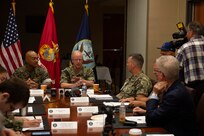 NORFOLK, Va. -- Adm. Daryl Caudle, commander, U.S. Fleet Forces Command, and Lt. Gen. Brian Cavanaugh, commander, Marine Forces Command announce the upcoming Large Scale Exercise (LSE) 2023 during a media event held at U.S. Fleet Forces Command, July 24. Scheduled to run from Aug. 9-18, LSE 2023 is a live, virtual, and constructive, globally-integrated exercise designed to refine the synchronization of maritime operations across six maritime component commands, seven numbered fleets, and 22 time zones. (U.S. Navy photo by Chief Mass Communication Specialist Lauren Howes)