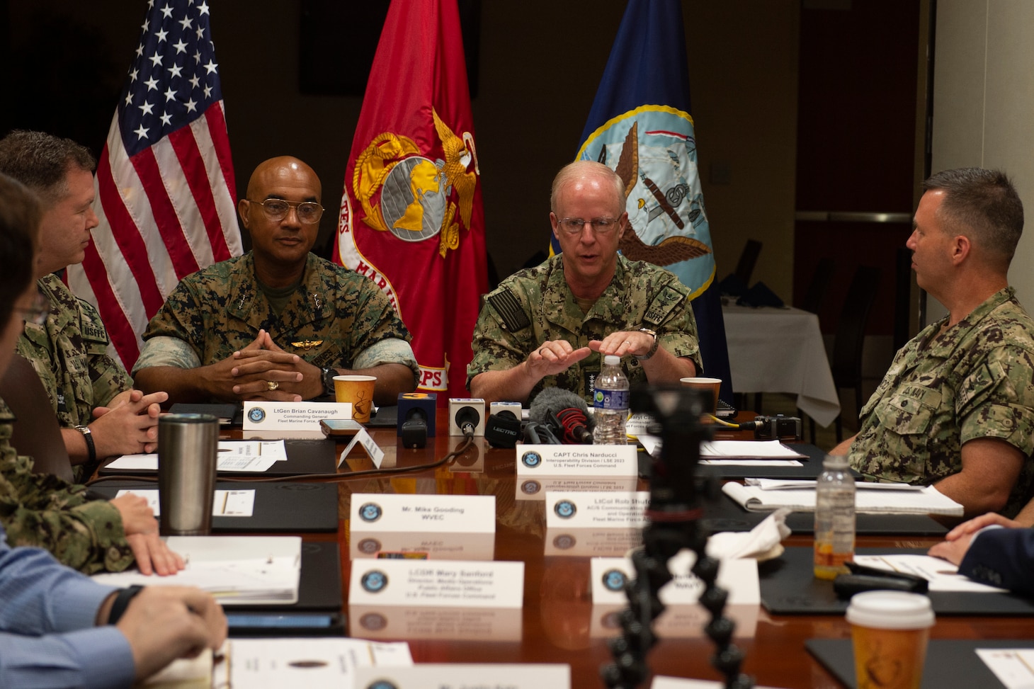 NORFOLK, Va. -- Adm. Daryl Caudle, commander, U.S. Fleet Forces Command, and Lt. Gen. Brian Cavanaugh, commander, Marine Forces Command announce the upcoming Large Scale Exercise (LSE) 2023 during a media event held at U.S. Fleet Forces Command, July 24. Scheduled to run from Aug. 9-18, LSE 2023 is a live, virtual, and constructive, globally-integrated exercise designed to refine the synchronization of maritime operations across six maritime component commands, seven numbered fleets, and 22 time zones. (U.S. Navy photo by Chief Mass Communication Specialist Lauren Howes)