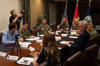 NORFOLK, Va. -- Adm. Daryl Caudle, commander, U.S. Fleet Forces Command, and Lt. Gen. Brian Cavanaugh, commander, Marine Forces Command announce the upcoming Large Scale Exercise (LSE) 2023 during a media event held at U.S. Fleet Forces Command, July 24. Scheduled to run from Aug. 9-18, LSE 2023 is a live, virtual, and constructive, globally-integrated exercise designed to refine the synchronization of maritime operations across six maritime component commands, seven numbered fleets, and 22 time zones. (U.S. Navy photo by Chief Mass Communication Specialist Lauren Howes)