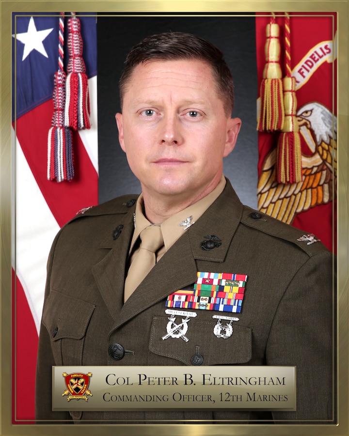 A native of Providence, Rhode Island, Colonel Eltringham graduated from Penn State University and commissioned in
2000. He commanded at each level from platoon to battalion - including Artillery Instructor Battery, TBS, Headquarters
Battery, 3rd Battalion, 11th Marines, Security Force Assistance Police Advisor Team Delta (Kajaki, Afghanistan),
Headquarters Battery, 11th Marines and 5th Battalion, 11th Marines (HIMARS).