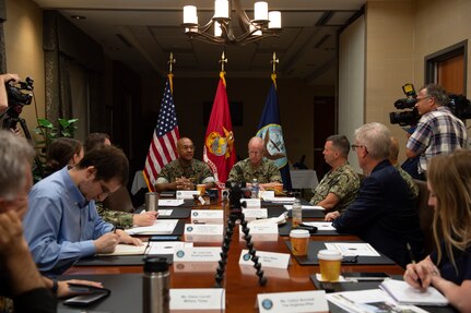 NORFOLK, Va. -- Adm. Daryl Caudle, commander, U.S. Fleet Forces Command, and Lt. Gen. Brian Cavanaugh, commander, Marine Forces Command announce the upcoming Large Scale Exercise (LSE) 2023 during a media event held at U.S. Fleet Forces Command, July 24. Scheduled to run from Aug. 9-18, LSE 2023 is a live, virtual, and constructive, globally-integrated exercise designed to refine the synchronization of maritime operations across six maritime component commands, seven numbered fleets, and 22 time zones. (U.S. Navy photo by Chief Mass Communication Specialist Lauren Howes)