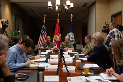 NORFOLK, Va. -- Adm. Daryl Caudle, commander, U.S. Fleet Forces Command, and Lt. Gen. Brian Cavanaugh, commander, Marine Forces Command announce the upcoming Large Scale Exercise (LSE) 2023 during a media event held at U.S. Fleet Forces Command, July 24. Scheduled to run from Aug. 9-18, LSE 2023 is a live, virtual, and constructive, globally-integrated exercise designed to refine the synchronization of maritime operations across six maritime component commands, seven numbered fleets, and 22 time zones. (U.S. Navy photo by Chief Mass Communication Specialist Lauren Howes)