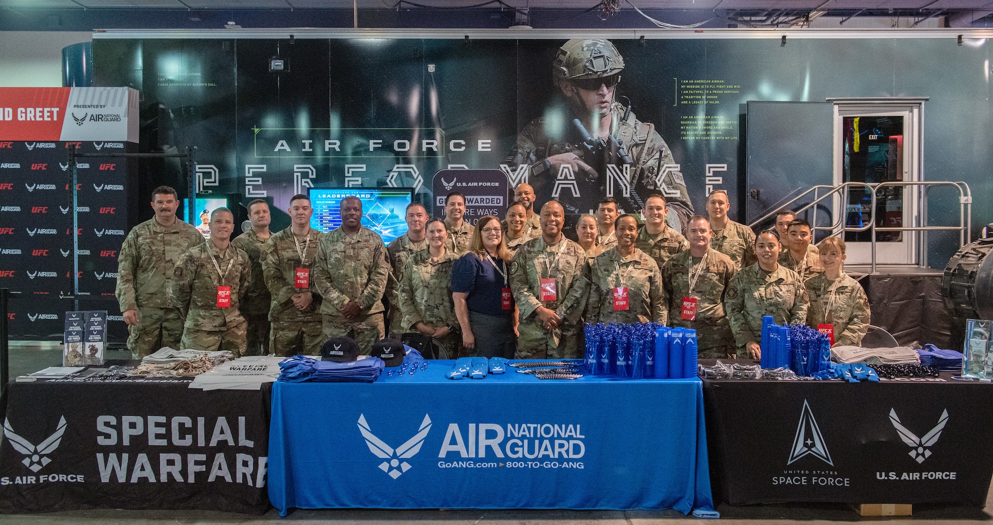 Total Force recruiters from the Air National Guard, Air Force Reserve, Air Force active duty and Space Force pose for a group photo at Ultimate Fighting Championship International Fight Week event in Las Vegas, July 3-July 9, 2023.