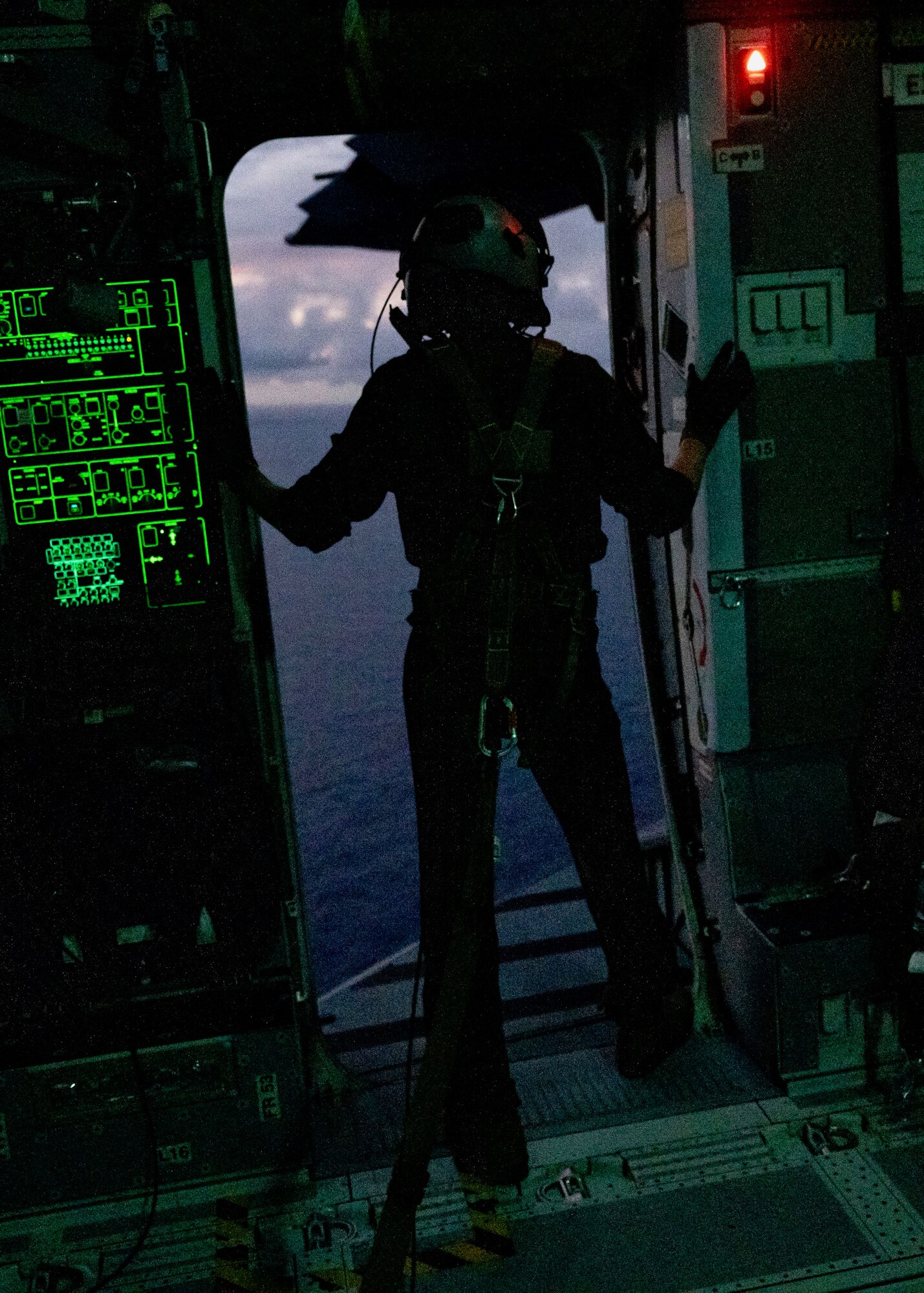 A French Air and Space Force A400M Loadmaster assigned to the 1/61 “Touraine” Transportation Squadron scans the ocean with NVG looking for a lost ship during a search and rescue operation in the Pacific Ocean, July 10, 2023. This was a joint operation between the French, Canadian, and U.S. military forces.