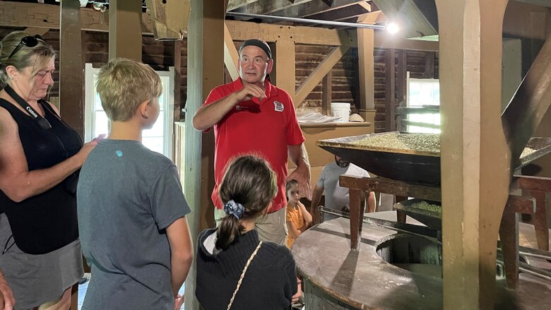 Miller John Childers grinds cornmeal July 21, 2023, at Mill Springs Mill. The public is invited to attend the Cornbread Festival 9 a.m. to 5 p.m. Saturday, Sept. 2, and Sunday, Sept. 3, at Mill Springs Mill located at 9135 Highway 1275 North in Monticello, Kentucky. (USACE Photo by Judy Daulton)