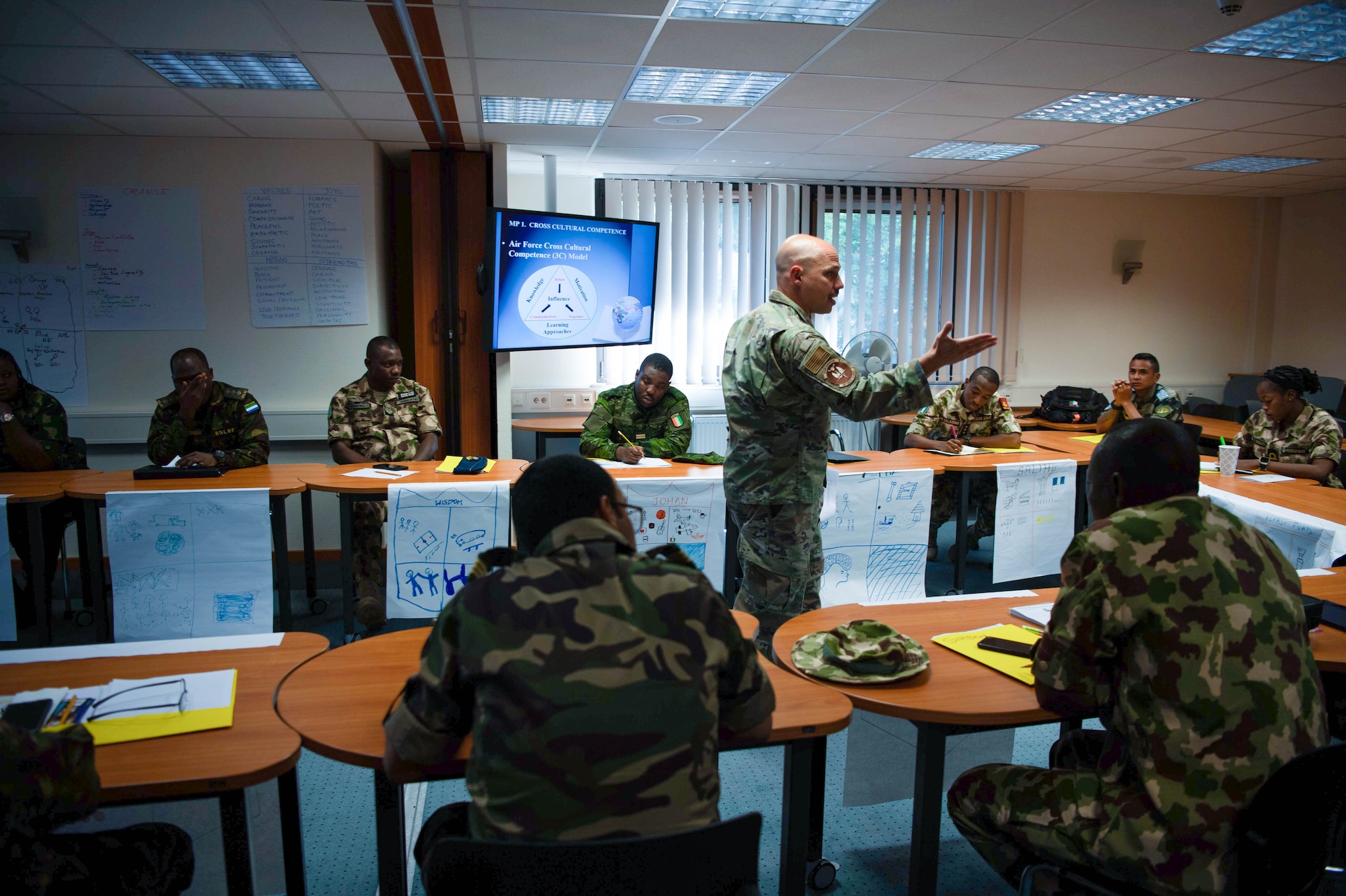 U.S. Air Force Master Sgt. Ryan Melvin, Inter-European Air Forces Academy non-commissioned officer in charge, speaks to students attending the Inter-African Professional Development Seminar Kapaun at Air Station, Germany, July 18, 2023.