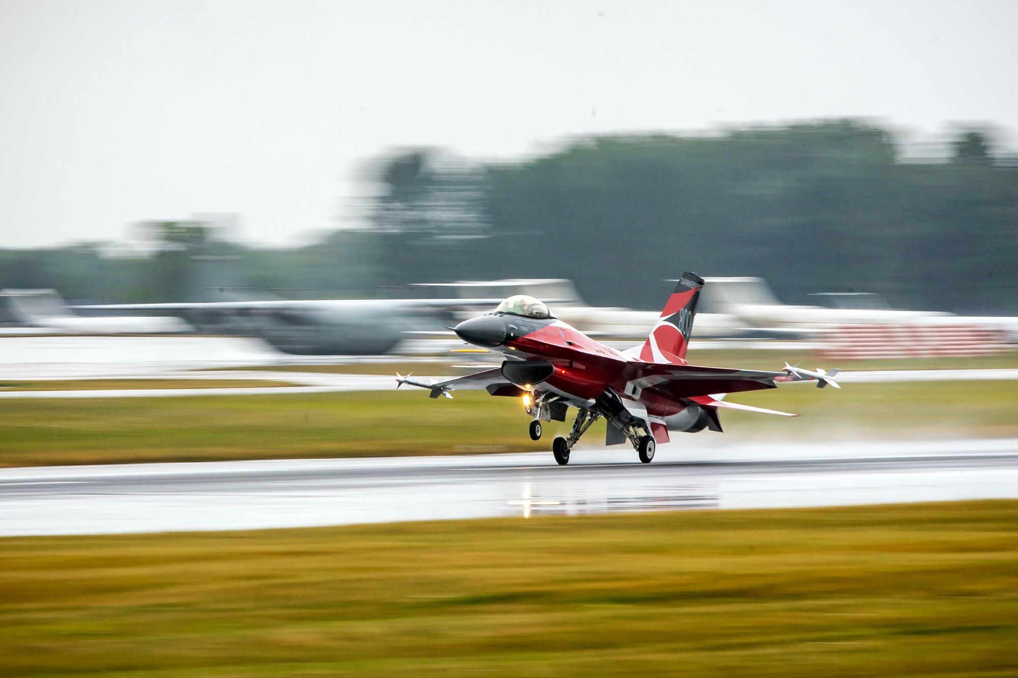 A Royal Danish Air Force F-16AM Fighting Falcon takes off during the 2023 Royal International Air Tattoo at RAF Fairford, England, July 14, 2023. Throughout RIAT, several nations exhibited their air power and capabilities for thousands of spectators helping inspire the next generation of aviation. (U.S. Air Force photo by Staff Sgt. Eugene Oliver)