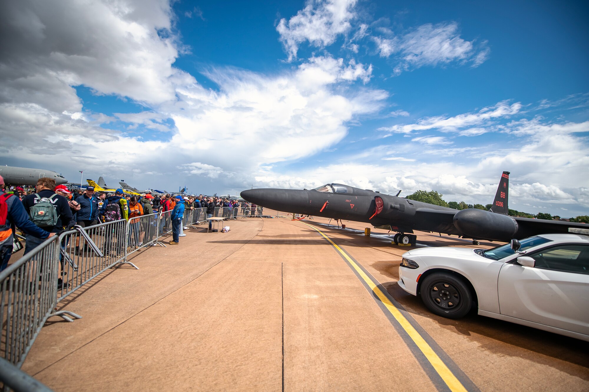 A U-2 Dragon Lady assigned to the 99th Expeditionary Reconnaissance Squadron is on display during the 2023 Royal International Air Tattoo at RAF Fairford, England, July 15, 2023. RIAT participation demonstrates U.S. commitment to European allies and partners while highlighting U.S. capabilities to a diverse audience, emphasizing unity, innovation, and a shared commitment to excellence. (U.S. Air Force photo by Staff Sgt. Eugene Oliver)