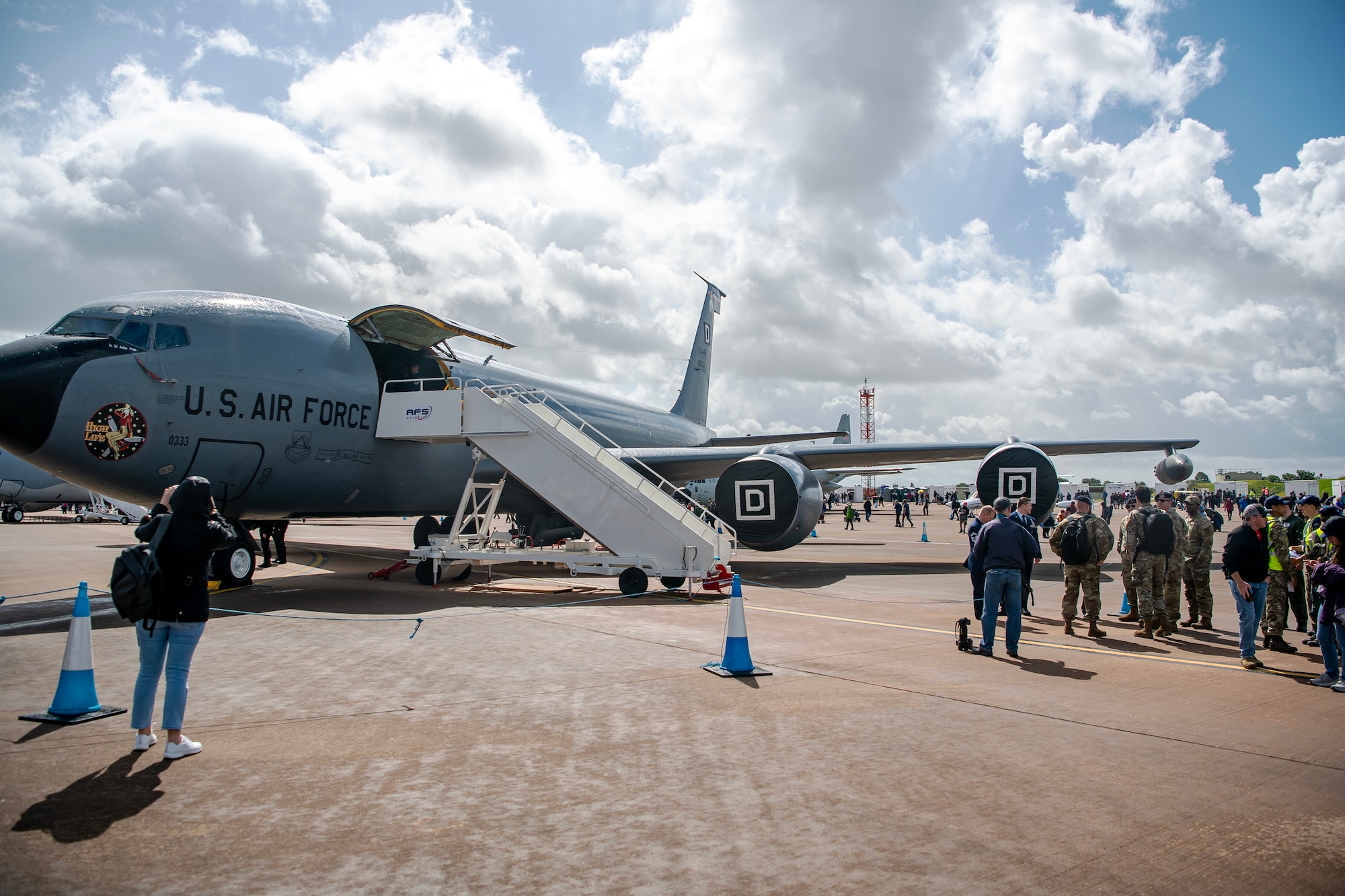 A U.S. Air Force KC-135 Stratotanker assigned to the 100th Air Refueling Wing is on display at the 2023 Royal International Air Tattoo at RAF Fairford, England, July 15, 2023. Throughout RIAT, several nations exhibited their air power and capabilities for thousands of spectators helping inspire the next generation of aviation. (U.S. Air Force photo by Staff Sgt. Eugene Oliver)